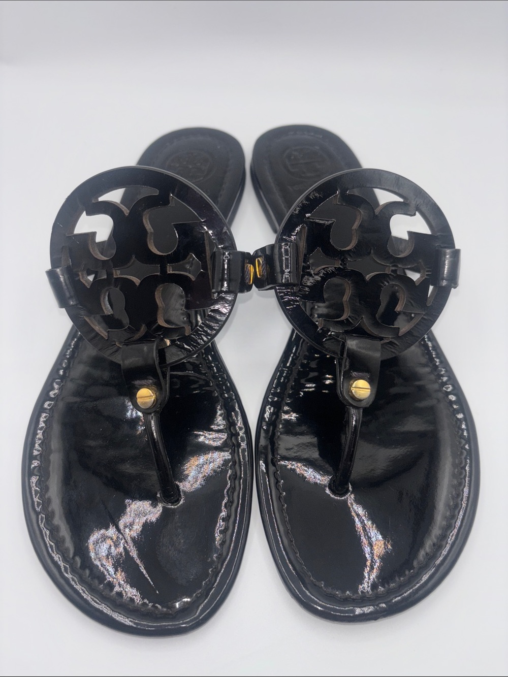 Tory Burch Black Patent Logo Thong Sandals with Gold Accents